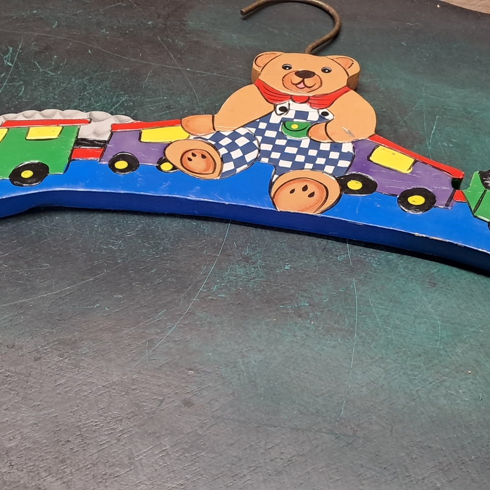 Blue Teddy Train Kids Wooden Hanger